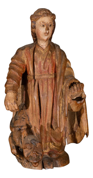 Spanish Artist, Gothic Carved Figure of Saint Margaret of Antioch, 16th Century, Wood
