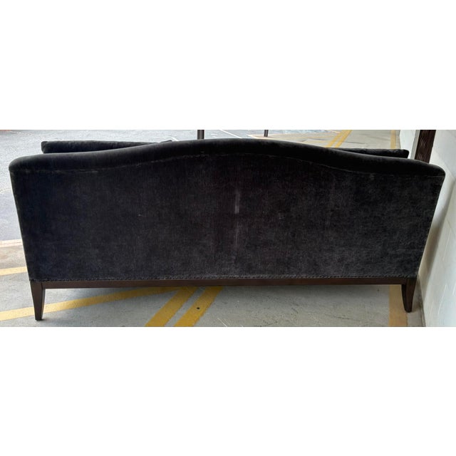 Stylish Art Co. Transitional Charcoal Velvet Magritte Sofa, dark walnut woods base, bronze nailheads, showroom floor sample