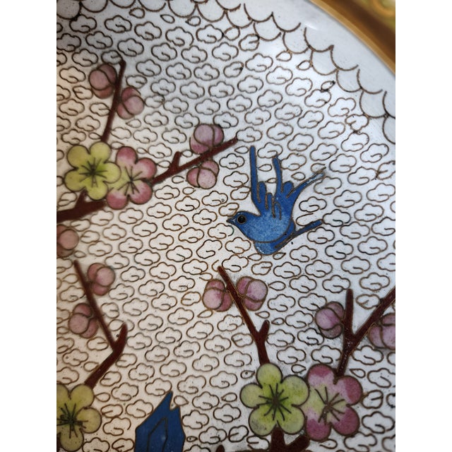 Metal Vintage Chinese Cloisonne Enamel Bowl With Bluebird and Cherry Blossoms For Sale - Image 7 of 9
