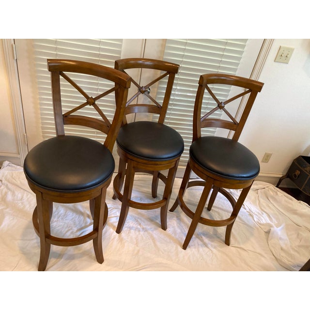 Frontgate Trio of Mahogany Neoclassic Style Barstools Black Leather Swivel Seats For Sale - Image 4 of 12