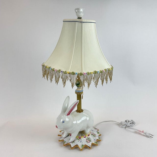 Mackenzie Childs Late 20th Century MacKenzie-Childs Porcelain Bunny Rabbit Table Lamp With Beaded Fringe Shade For Sale - Image 4 of 7