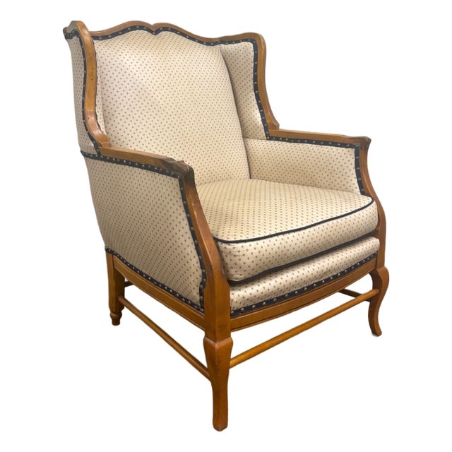 Vintage Country French Fruitwood Upholstered Wingback Chair For Sale