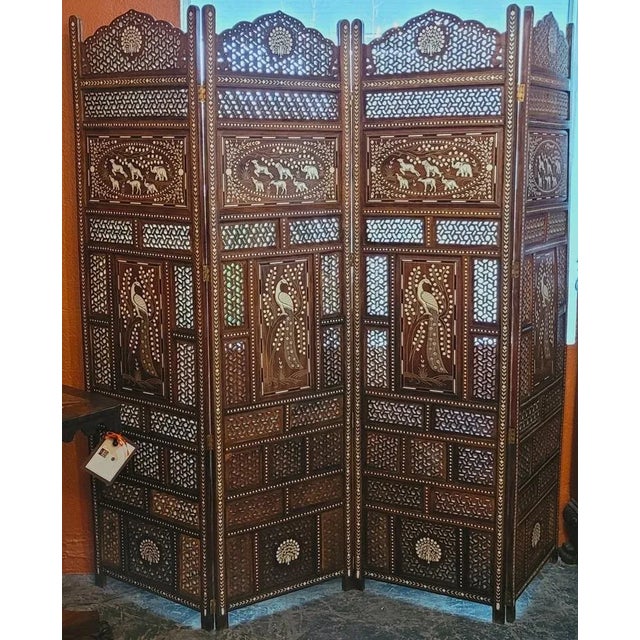 Early 20c Anglo Indian Profusely Inlaid 4 Panel Screen or Room Divider For Sale - Image 4 of 12