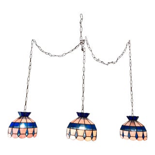 Vintage Mid Century Tiffany-Style Stained Glass Trio Chandelier For Sale