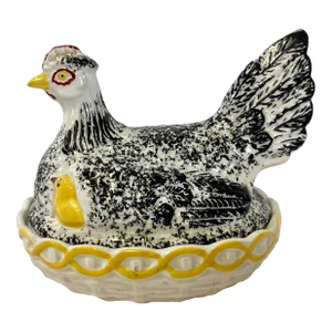 Antique Hand Painted Staffordshire Sponge-Ware Hen on Nest Covered Dish Made in England - Circa 19th Century