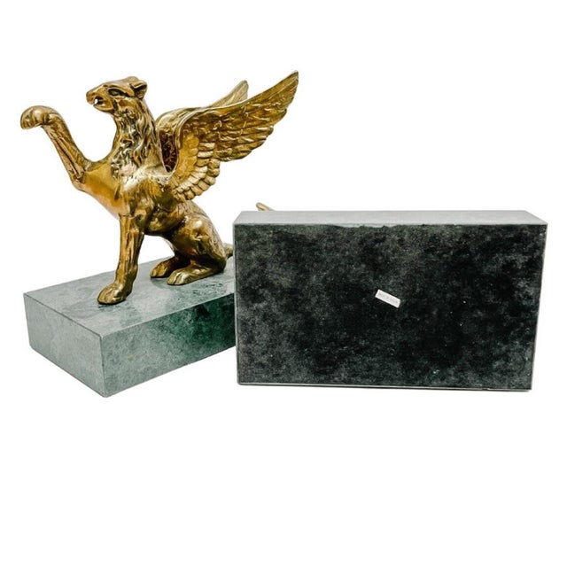 Metal 1970s Brass Griffins on Green Marble Bases Bookends - A Pair For Sale - Image 7 of 8