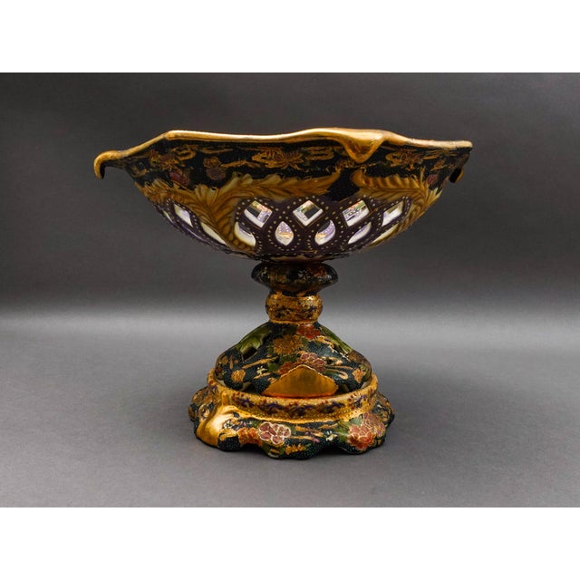 Mid 20th Century Royal Satsuma Handpainted Moriage Reticulated Pedestal Centerpiece Bowl Compote For Sale - Image 4 of 10