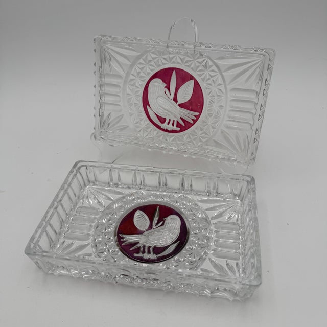 This listing is for 1 Rectangular 7" lidded trinket box 24% lead crystal Pressed, Cut Bird, Ruby Red Accent Discontinued