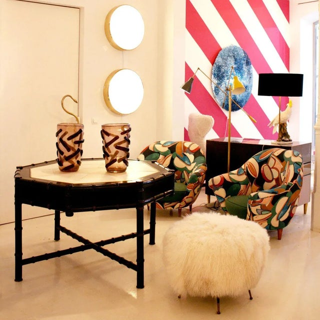 Mid-Century White Mongolian Goat Fur, Wood and Metal Italian Footstool For Sale - Image 4 of 5