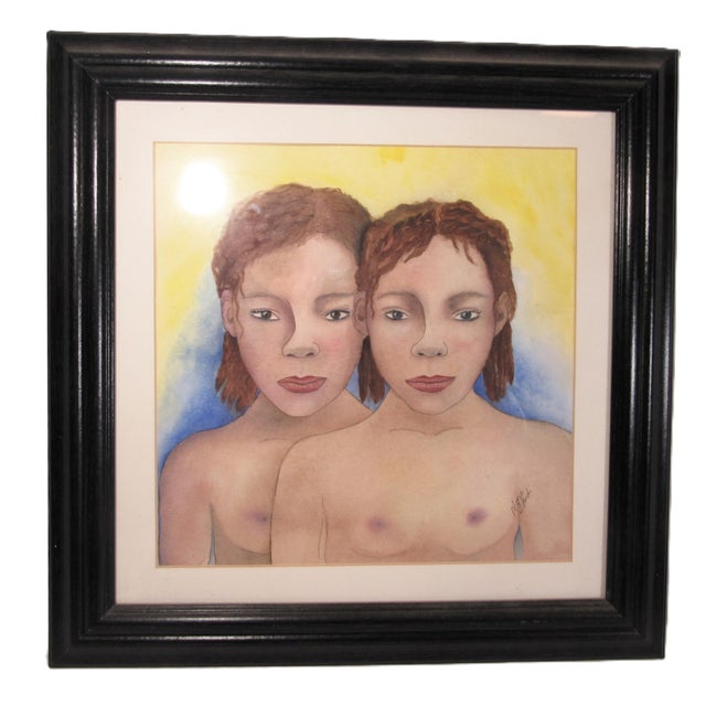 Original watercolor and ink portrait of twin girls . Painting alone is approximately 12 x 12, with frame approximately 15...