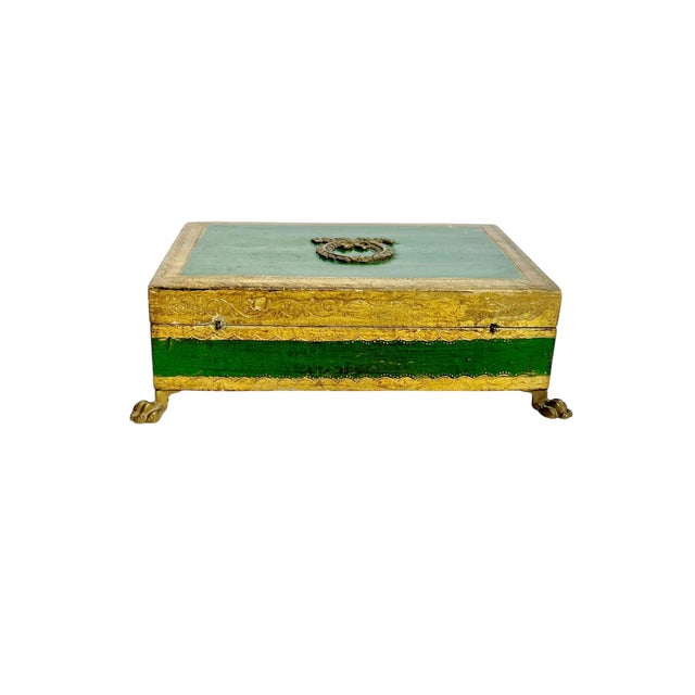 Vintage Italian Gilt and Green Painted Box With Metal Lion Paw Feet and Metal Laurel Wreath For Sale - Image 6 of 17