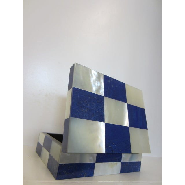 Lapis Lazuli Intarsia Mother of Pearl Vintage Jewelry Box For Sale - Image 4 of 14
