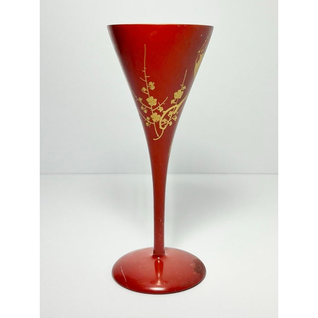 Wood 1960s Red Gold Urushi Lacquer Onagadori Rooster Sake Cocktail Glasses - Set of 9 For Sale - Image 7 of 12