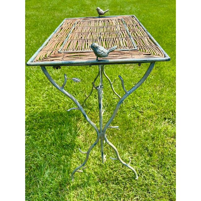 Verdigris Twig Accent Table, With Twig Woven Mat, Branch-Like Metalwork, Garden Table Adorned With Metal Birds and Leaves, 1970’s For Sale - Image 8 of 12
