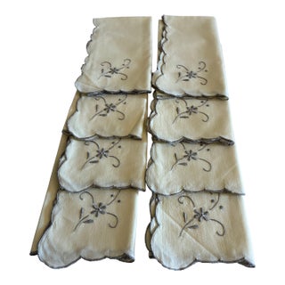 Vintage Ivory Cotton Napkins With Gray Floral Embroidery, Set of 8 For Sale