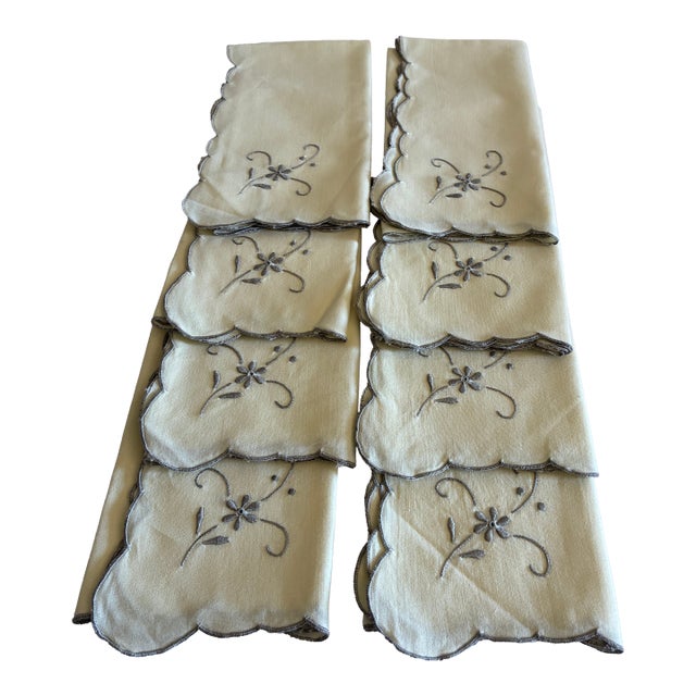 Vintage Ivory Cotton Napkins With Gray Floral Embroidery, Set of 8 For Sale