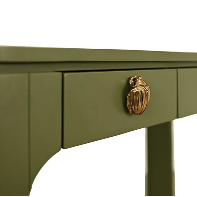 Matthew Izzo Home Theo Three Drawer Olive Green Lacquer Desk With Brass Beetle Knobs For Sale In New York - Image 6 of 11