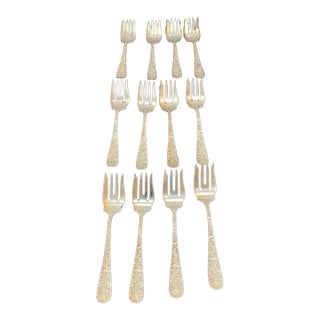 Antique Stieff Rose Sterling Silver Salad Forks Repousse Monogrammed - Set of 12 For Sale