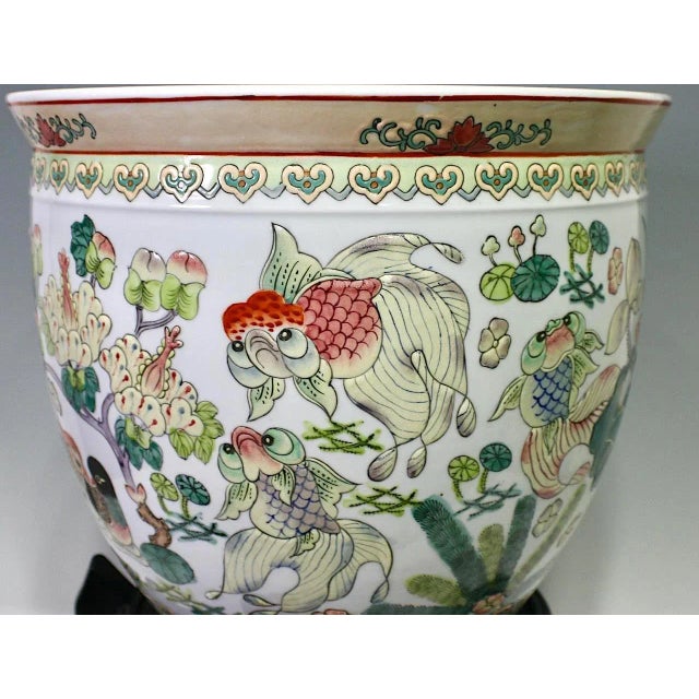Large Chinese White Enamelled Porcelain Lotus Pond Planter / Jardiniere, Goldfish, Ducks and Flowers (Republic Period) For Sale - Image 9 of 15