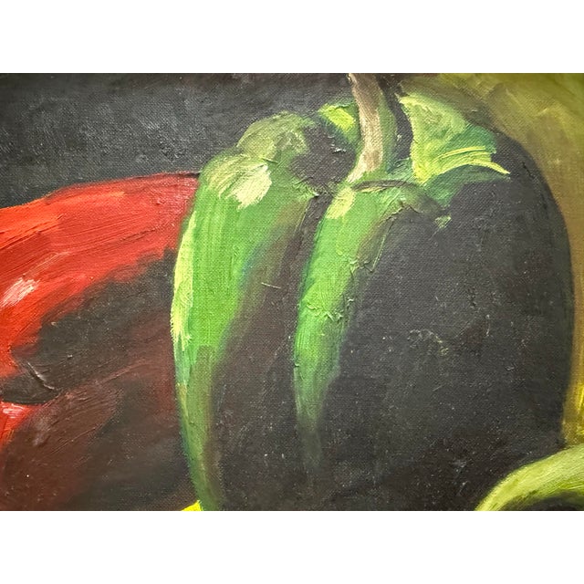 Green Vintage Still Life With Peppers Oil on Board Signed For Sale - Image 8 of 8