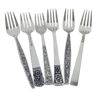1960s Curated Set of 6 Mid Century Modern Stainless Steel Dinner Forks, Mismatched For Sale