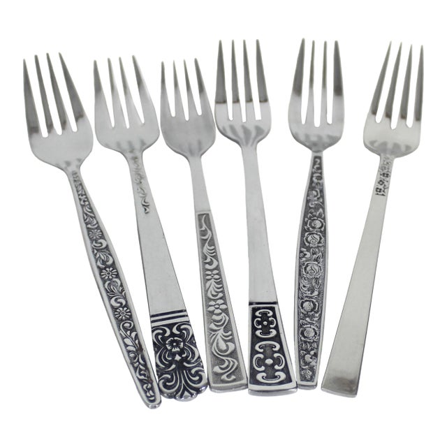 1960s Curated Set of 6 Mid Century Modern Stainless Steel Dinner Forks, Mismatched For Sale