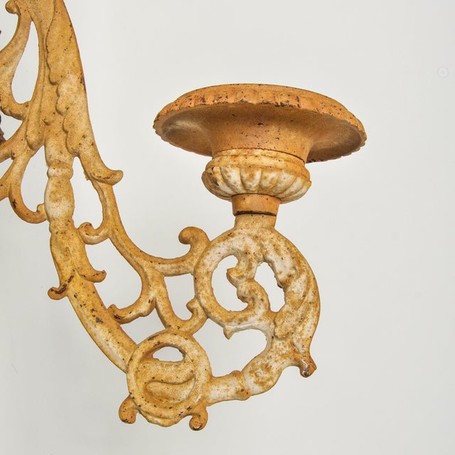 Huge Vintage Cast Iron Wall Sconce Pair Pillar Candle Holders Architectural Salvage For Sale - Image 10 of 17
