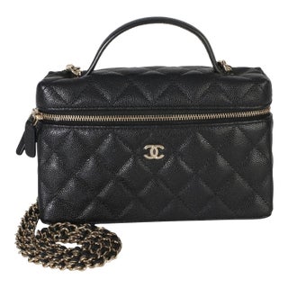 Black Quilted Caviar Top Handle Slim Vanity Handbag With Chain For Sale