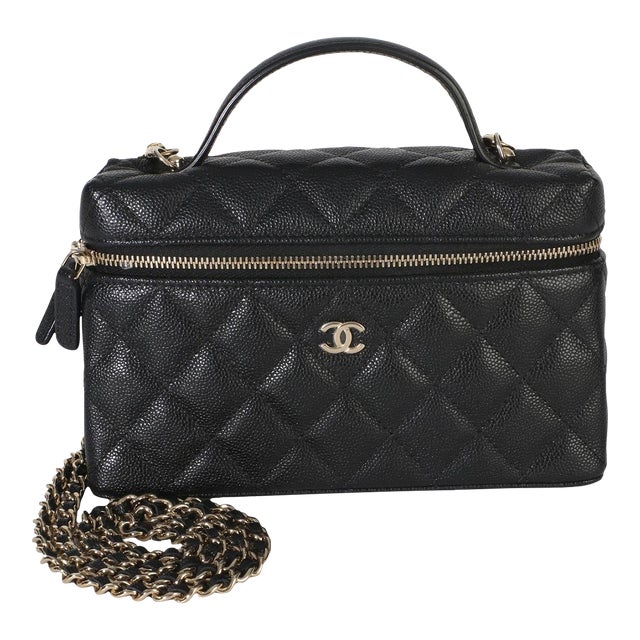 Black Quilted Caviar Top Handle Slim Vanity Handbag With Chain For Sale