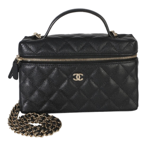 Black Quilted Caviar Top Handle Slim Vanity Handbag With Chain