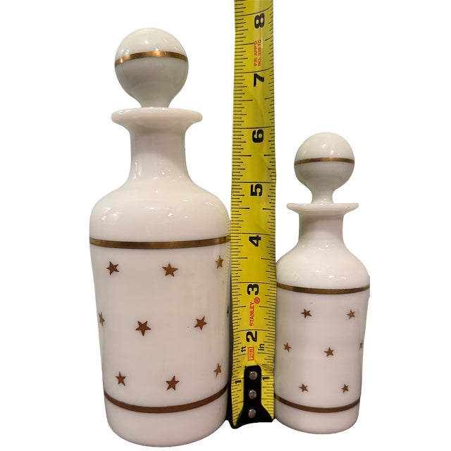 White Antique Portieux Vallerysthal French White Opaline Gold Star Apothecary Bottles — Pair For Sale - Image 8 of 13