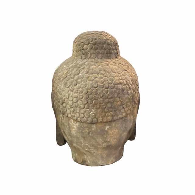 Figurative Chinese Oriental Black Gray Stone Carved Buddha Head Figure For Sale - Image 3 of 5