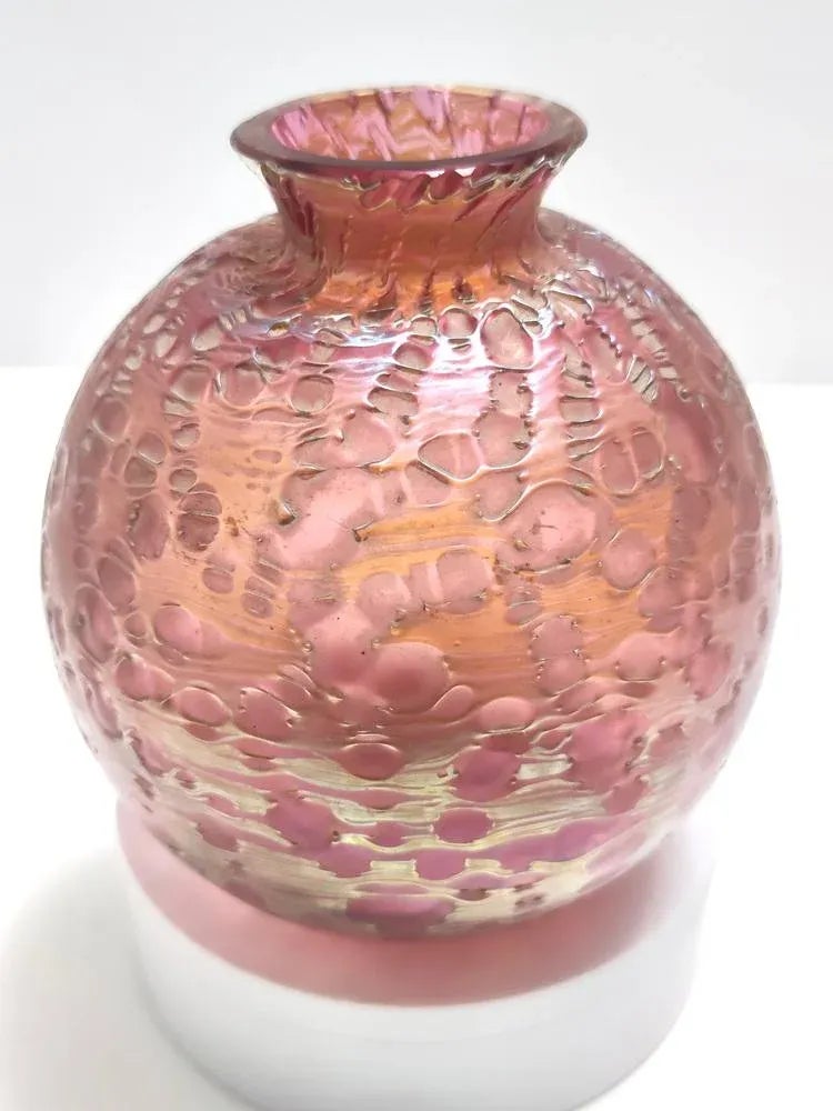 Vintage Pink Iridescent Etched Blown Glass Diaspora Vase