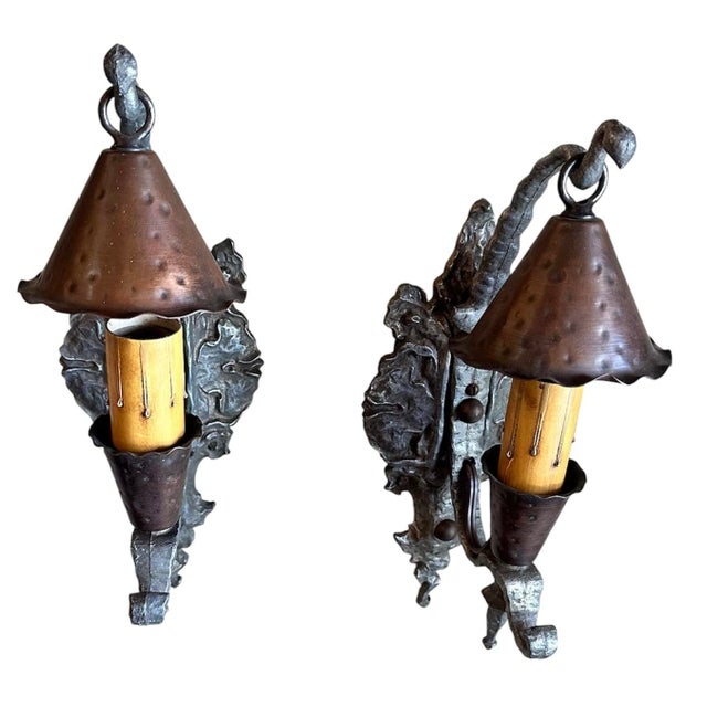 1920s 1920s Mixed Metal Tudor/Gothic Storybook Wall Sconces With Copper Smoke Bells - Pair For Sale - Image 5 of 6