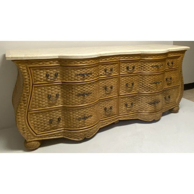 Coastal 1970s Coastal Wicker Chest by WhiteCraft for Woodard W/ Travertine Top For Sale - Image 3 of 8