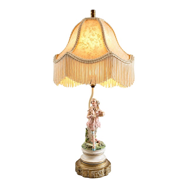 Vintage Rococo-Style Porcelain Figural Table Lamp With Fringe Shade For Sale