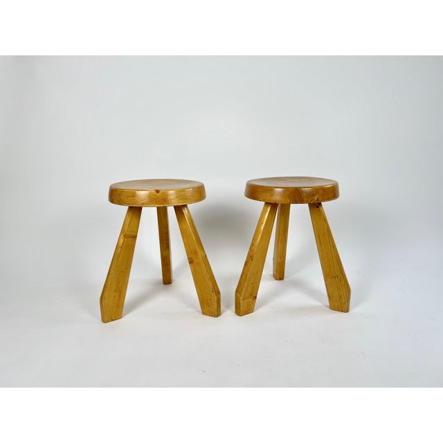 Mid-Century Modern Set of Pine Sandoz Stools attributed to Charlotte Perriand for Les Arcs, France, 1960s For Sale - Image 3 of 18