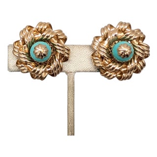 Vintage 1950s Signed Napier Goldtone Faux-Turquoise Clip Earrings-2 Pieces For Sale