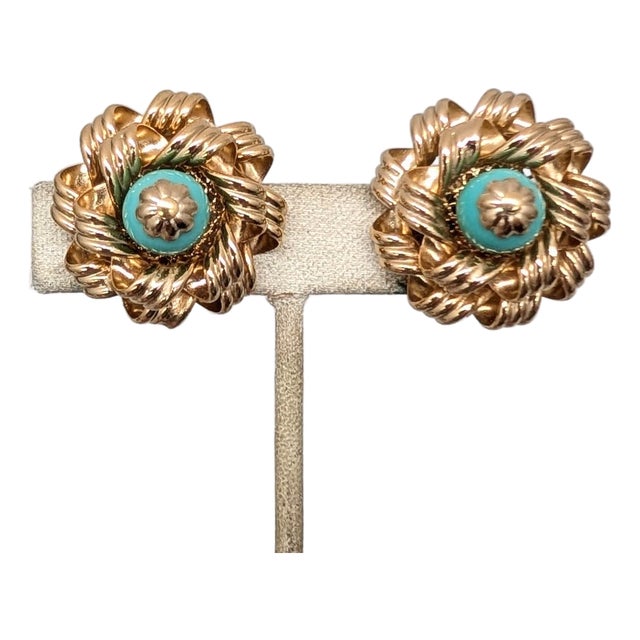 Vintage 1950s Signed Napier Goldtone Faux-Turquoise Clip Earrings-2 Pieces For Sale