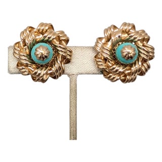 Vintage 1960s Signed Napier Goldtone Faux-Turquoise Clip Earrings-2 Pieces For Sale