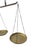 An antique hanging balance scale featuring dual brass pans suspended by chains from a central iron beam. Hanging balance...
