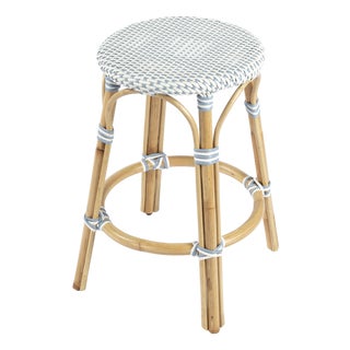 Tobias 24 in. Seat Height Round Rattan Backless Counter Stool, White/Sky Blue Dot / Natural Rattan Frame For Sale