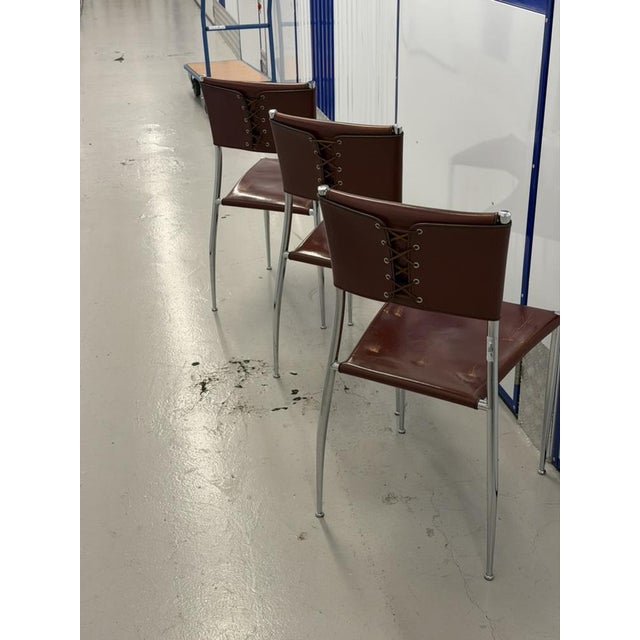 Red Vintage Ginger Cognac Leather and Chrome Dining Chairs from Fasem, Italy, 1980s, Set of 3 For Sale - Image 8 of 12