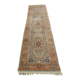 Vintage Hand Knotted Wool Geometric Curvilinear Medallion Rug Runner 3' X 10' For Sale