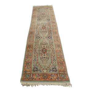 Vintage Hand Knotted Wool Geometric Curvilinear Medallion Rug Runner 3' X 10'