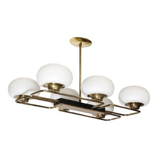 Mid-Century Modernist Six Globe Frosted Glass, Brass & Black Enamel Chandelier For Sale