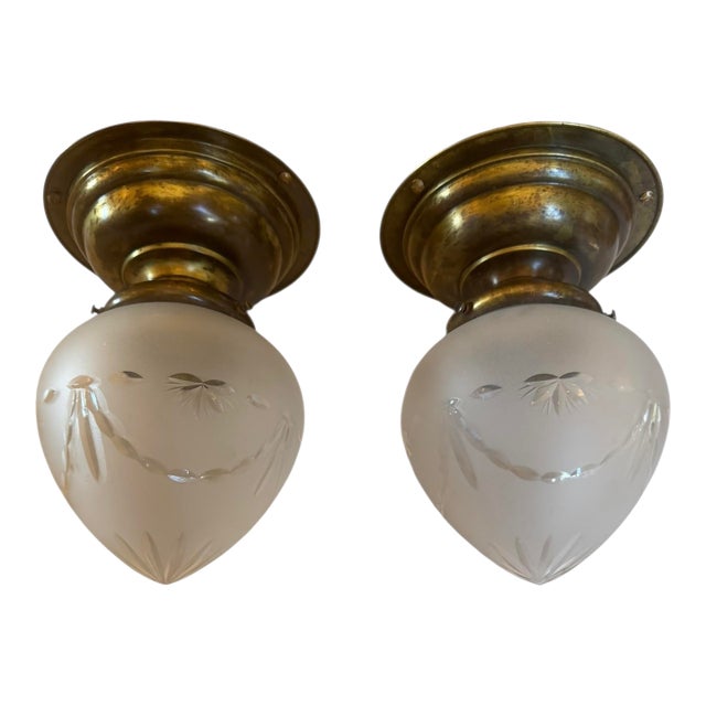1920s Pair of Vintage Frosted Starburst Wheelcut Ceiling Light Fixures For Sale