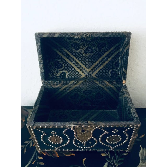 Early 21st Century Antique French Leather Wrappedd Studded Dome Top Lined Box For Sale - Image 5 of 8