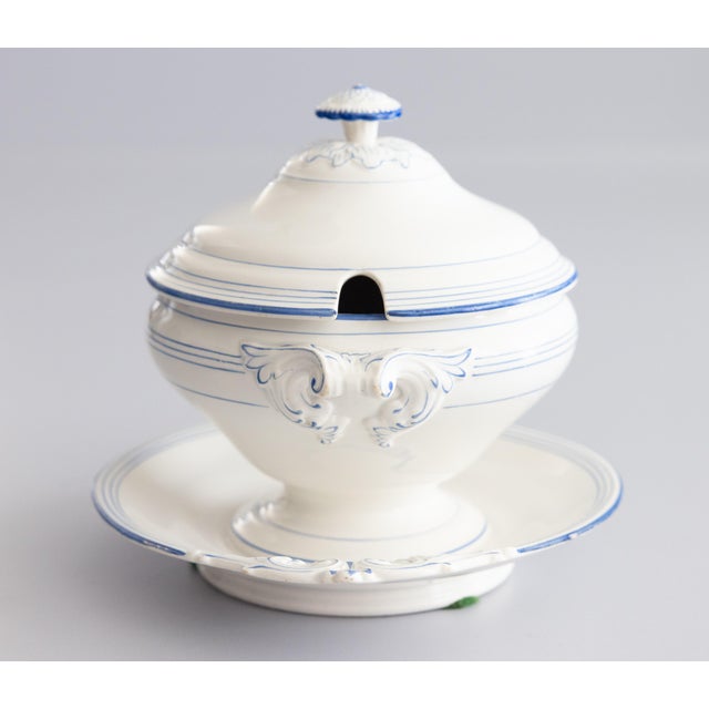 Rustic European Antique French Blue & White Porcelain Lidded Sauce Tureen For Sale - Image 3 of 10