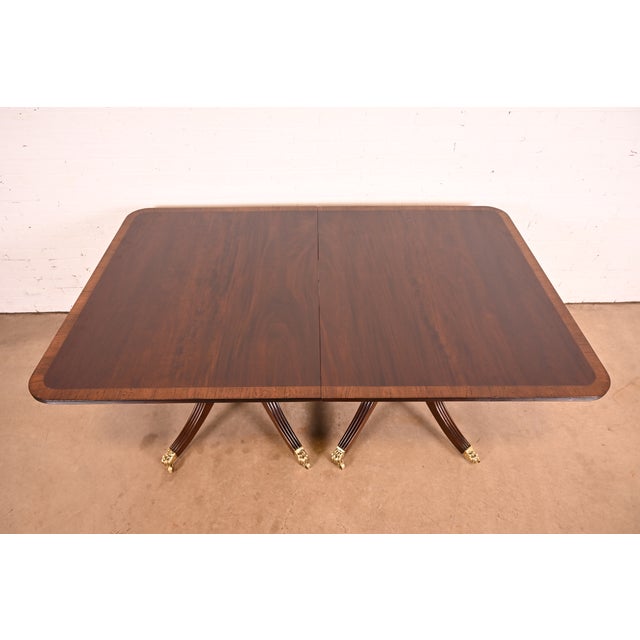 Baker Furniture Style Georgian Banded Mahogany Double Pedestal Extension Dining Table, Newly Refinished For Sale - Image 10 of 15